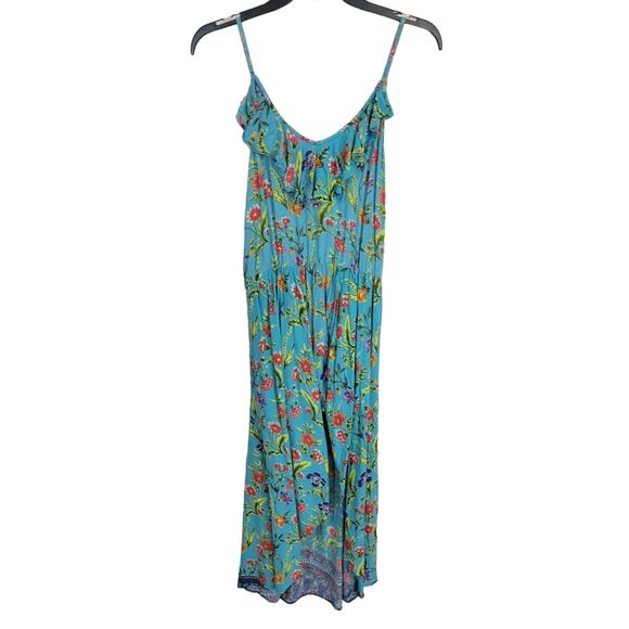 Angie Dress Womens SZ Large Blue Floral Ruffle Colorful Summer Sleeveless - Picture 1 of 16